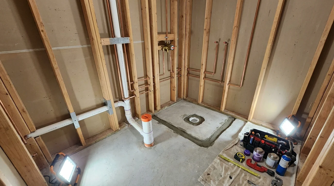 Bathroom rough-in plumbing during remodel by Johns Plumbing LLC in Spring Arbor