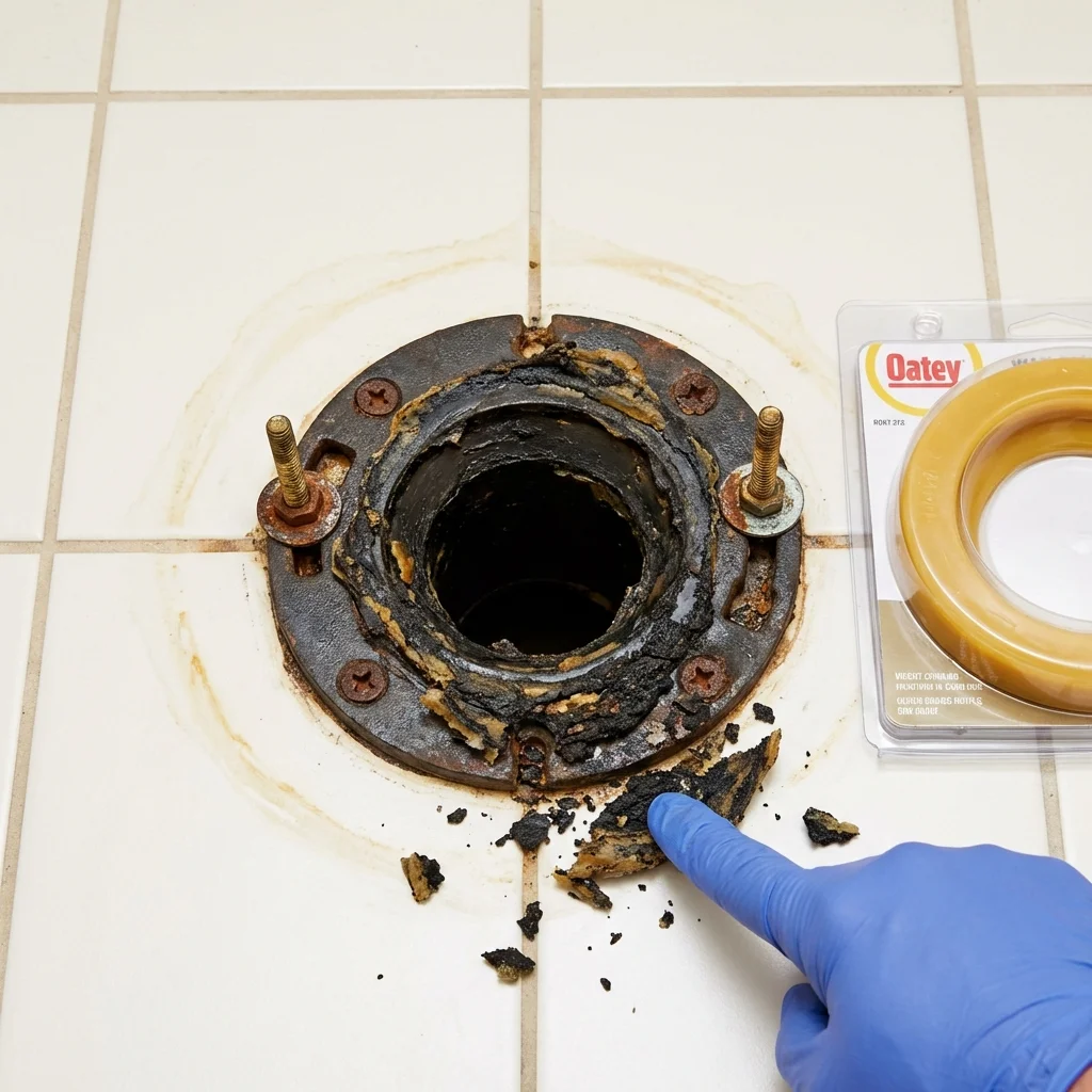 Failed wax ring showing water seepage at the base of a toilet in a Spring Arbor, MI home