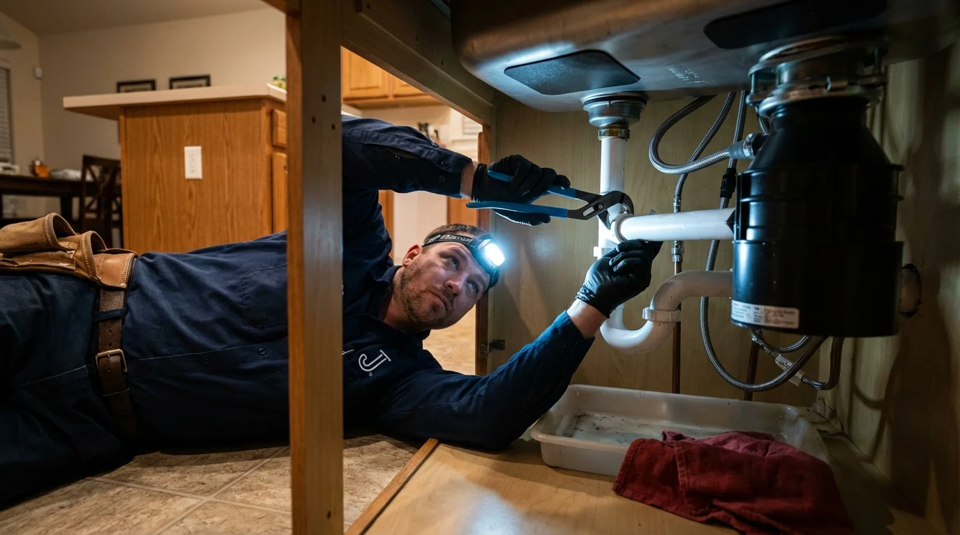 P-trap and supply line connections under a kitchen sink showing a common leak point in Spring Arbor, MI